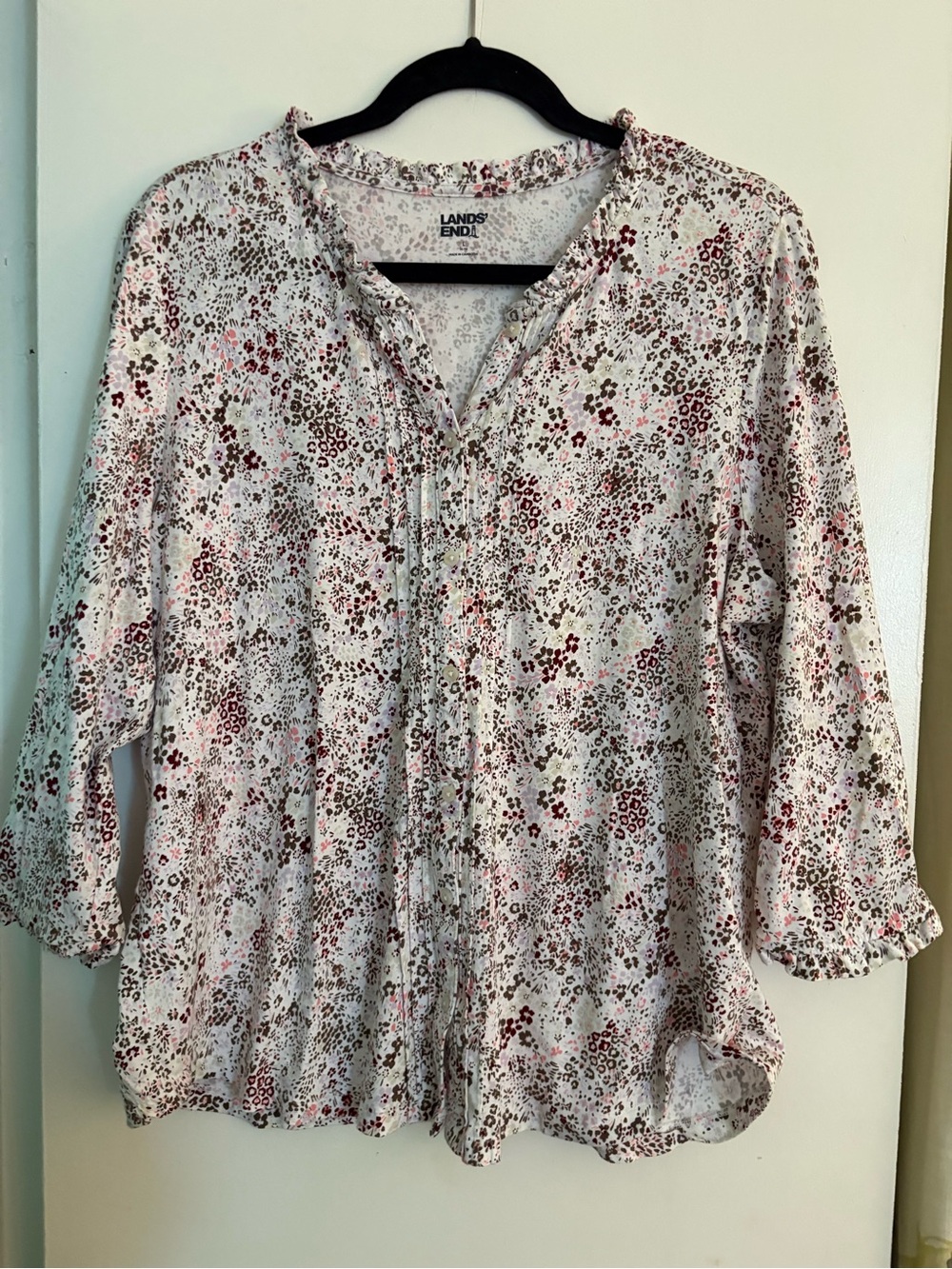 Lands' End Lightweight Jersey Floral-Print Pintuck Button Front Shirt